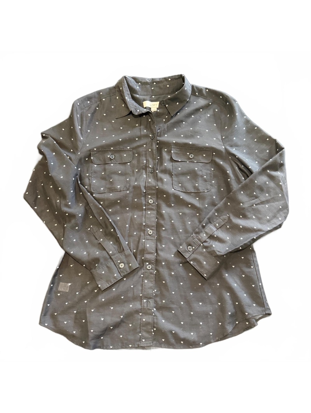 LOFT Heart Print Sheer Button Down Shirt Size Large